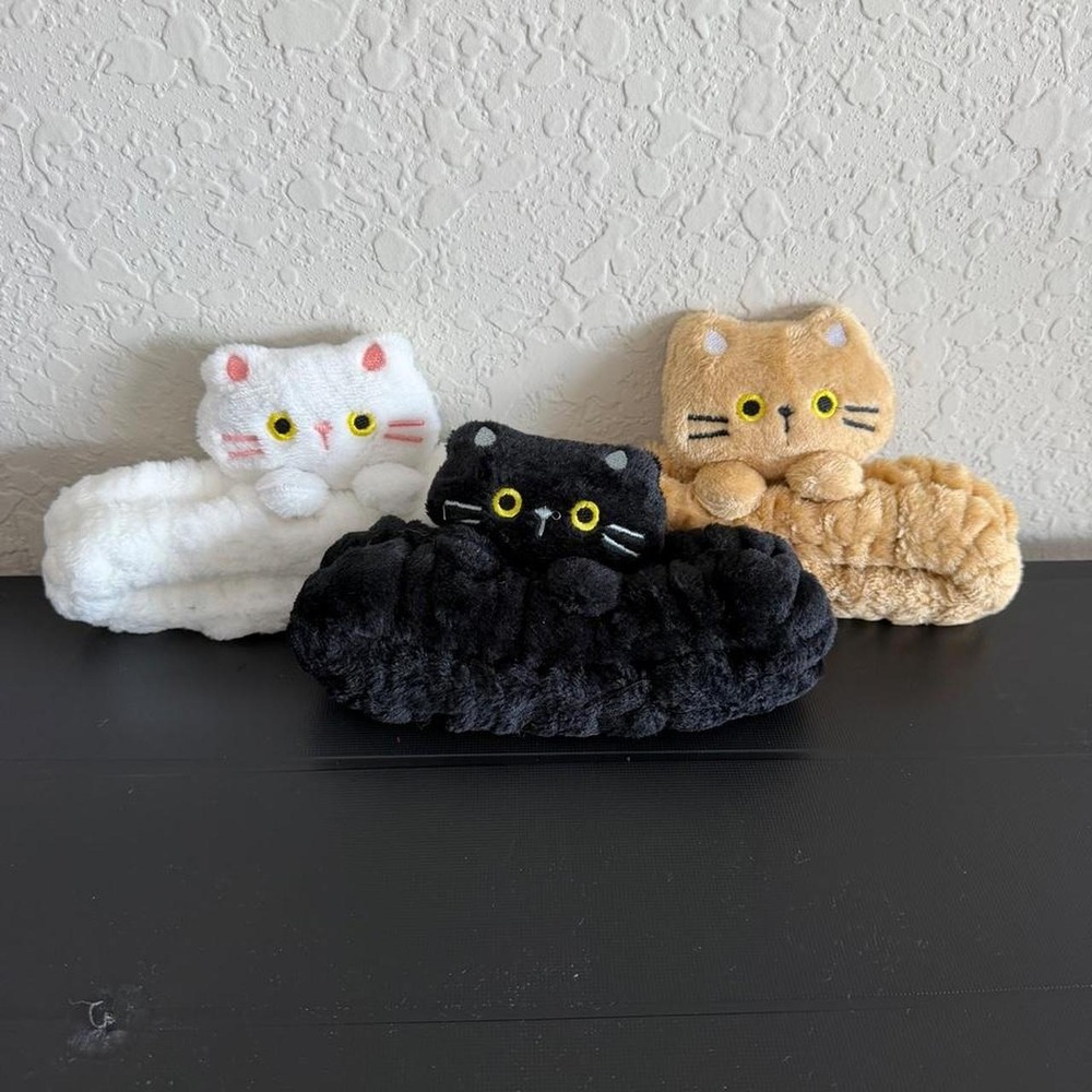 Plush Plushie Kitty Cat Spa Headband Scrunchie 3 Pack White Black Brown Skincare